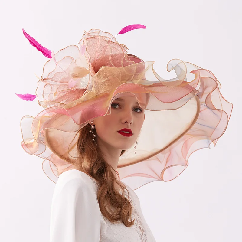 Summer Organza Kentucky Derby Hats For Women Elegant Fascinator Hats Ladies Large Wide Brim Church Wedding Hat With Big Flower