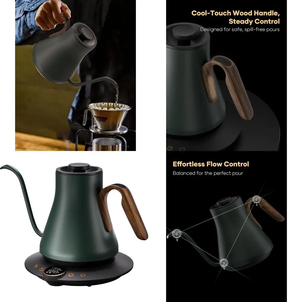 

Gooseneck Electric Kettle with Precise Temp Control for Coffee & Tea, Stainless Steel, 1500W, 0.9L, Rapid Boil, Delacroix Green