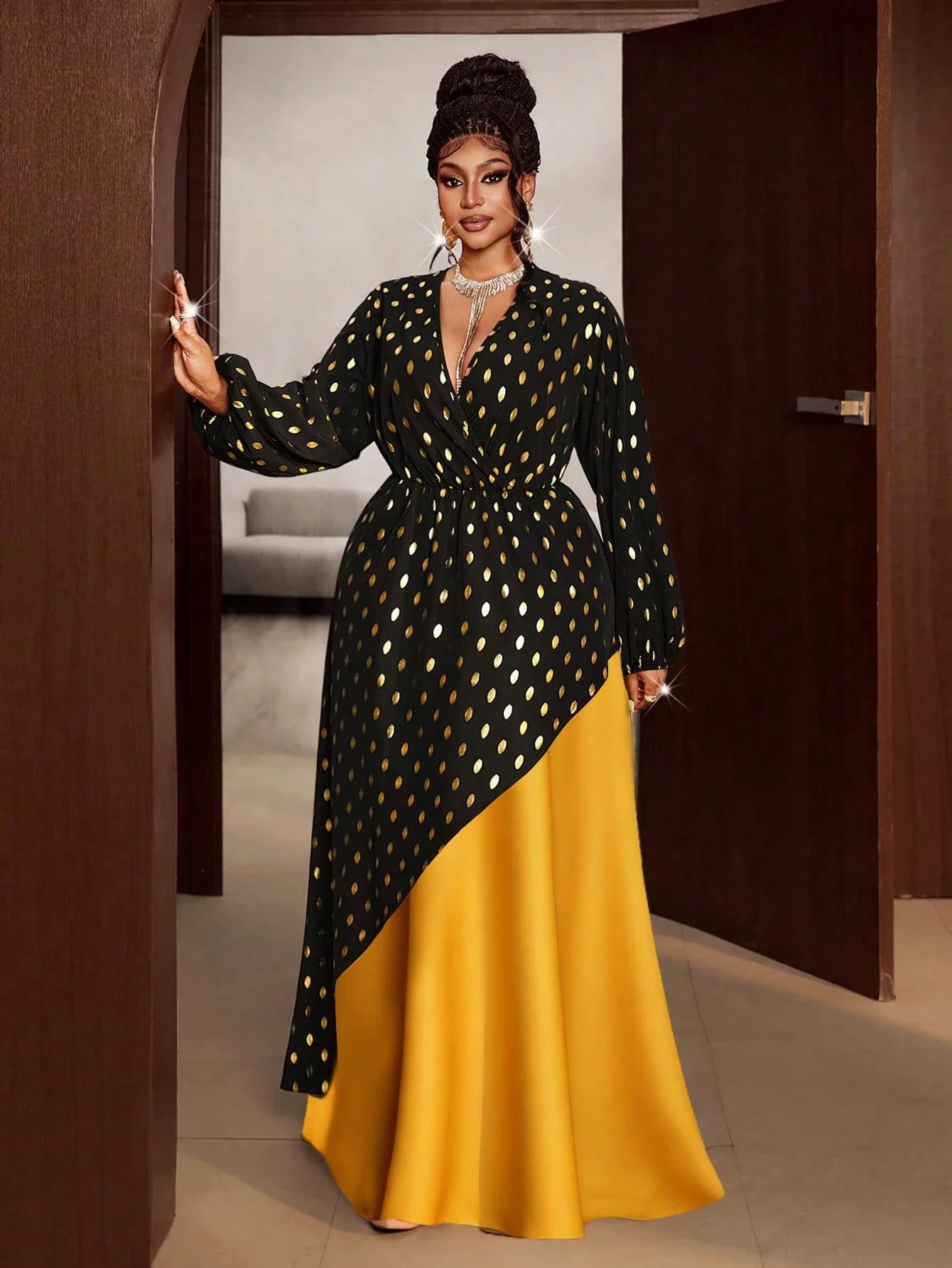 

Plus Size Women Gold Polka Dot Long Sleeve A-Line Asymmetric Hem Shiny Elegant Party Dress