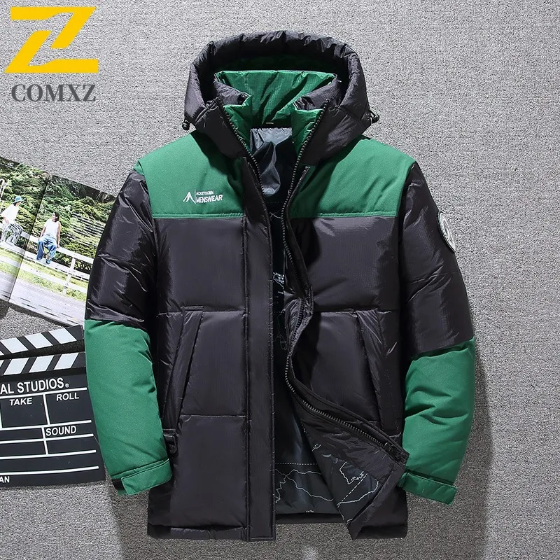 

COMXZ Men Down Jacket Premium Splicing Hooded Outdoor Camping Cold Protection Warm Parka Travel Warm Windproof Winter Coat