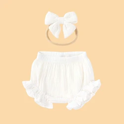 Summer Solid Toddler Shorts Diaper Cover Baby Girls Kids Cotton Muslin Ruffle Bloomer With Matching Bow Headband