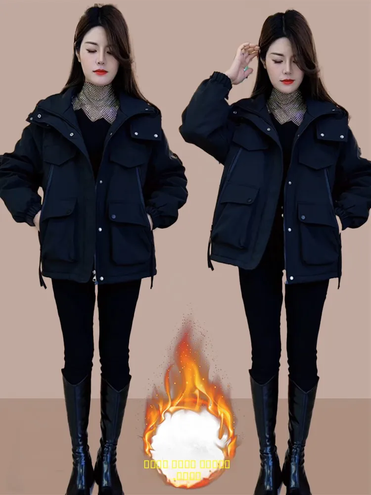 

Faionable Thiened Fce Women's Jaet Winter New Loose Slimming Hooded Workwear Cotton Coat Sli Outerwear
