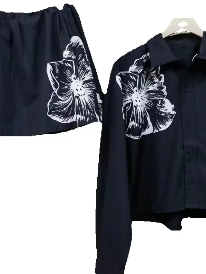 

Spring/Summer Women Floral Print Set Polo Collar Long Sleeve Single Breasted Loose Shirt + High Waist A-line Fashion Mini Skirt