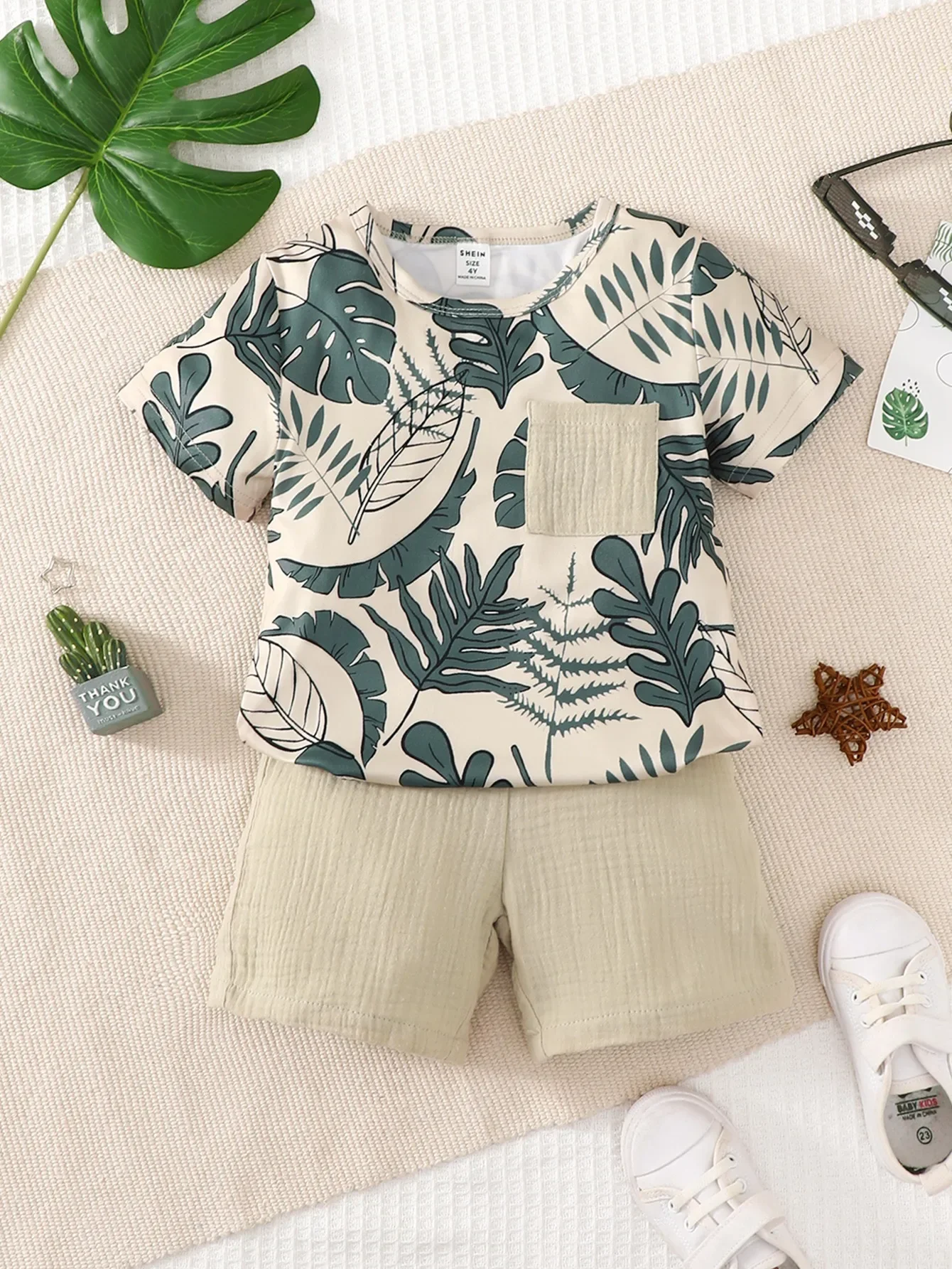 2PCS Kids Boy Clothes Set Short Sleeves Leaf Print Pocket Style T-shirt+Shorts Summer Handsome Outfit For Child Boy 4-7 Years