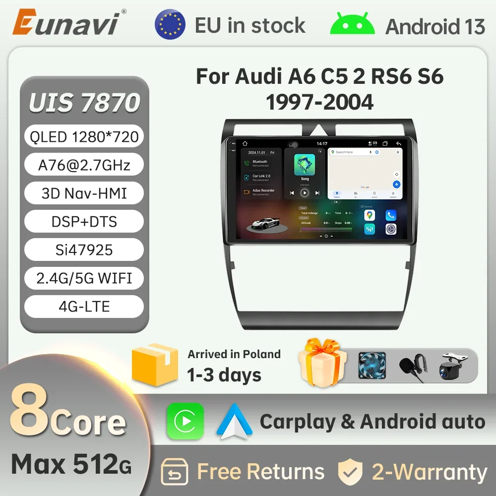 Eunavi Wireless CarPlay Android Auto Radio For Audi A6 C5 2RS6 S6 1997-2004 4G Car Smart Multimedia Systems