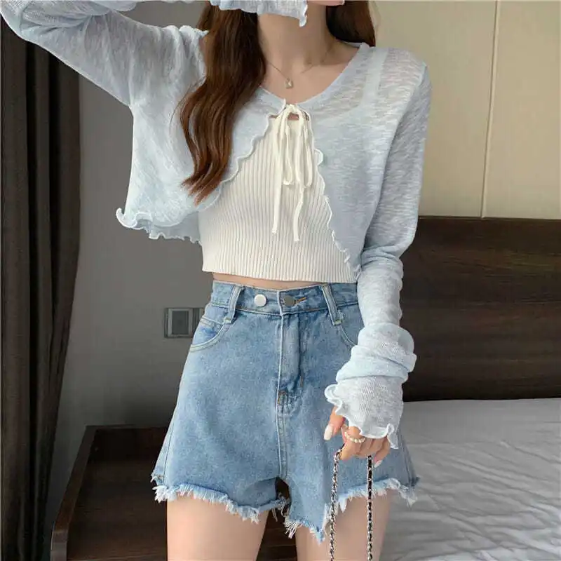 KOSAHIKI Women Thin Coat Casual Bow Summer Sun Protection Clothes Female Cardigan Shirt Lolita Covers Tops Blouse Woman Blusa