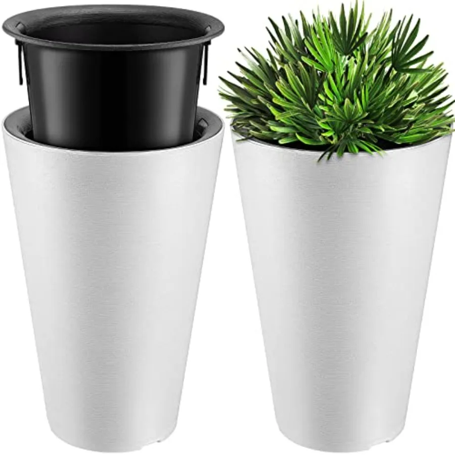 Set of 2 Tall Outdoor Planters 12 x 18 Inch Large Resin Outdoor Planters for Front Porch Flower Round Floor Decorative Indoor P