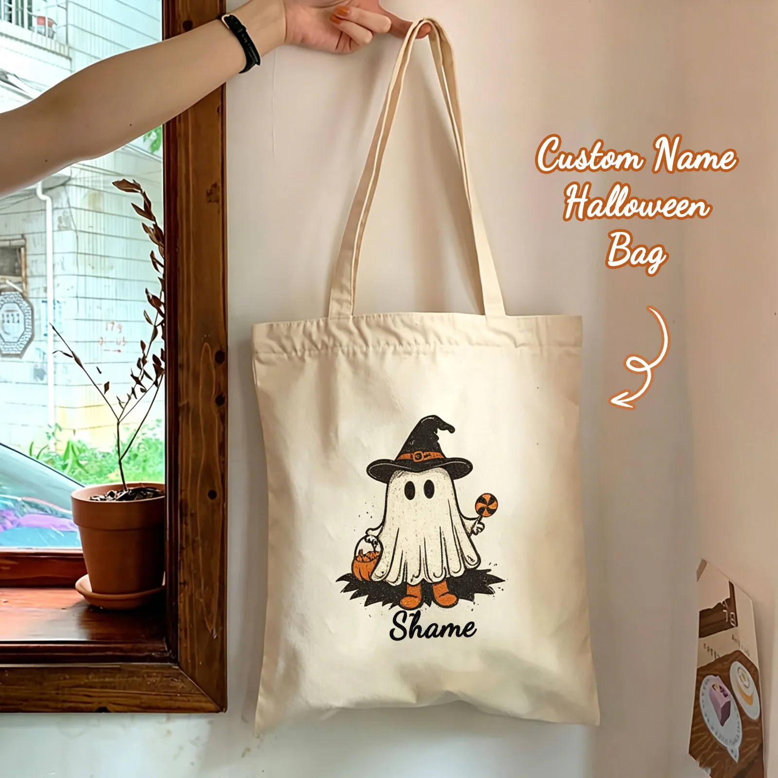 Personalized Custom Name/Text Tote Bag, Suitable for Women, Large Reusable Witch Tote Bag, Ideal for Halloween Parties, Trick-Or-Treating, Picnics, Shopping — Washable Large Capacity Bag