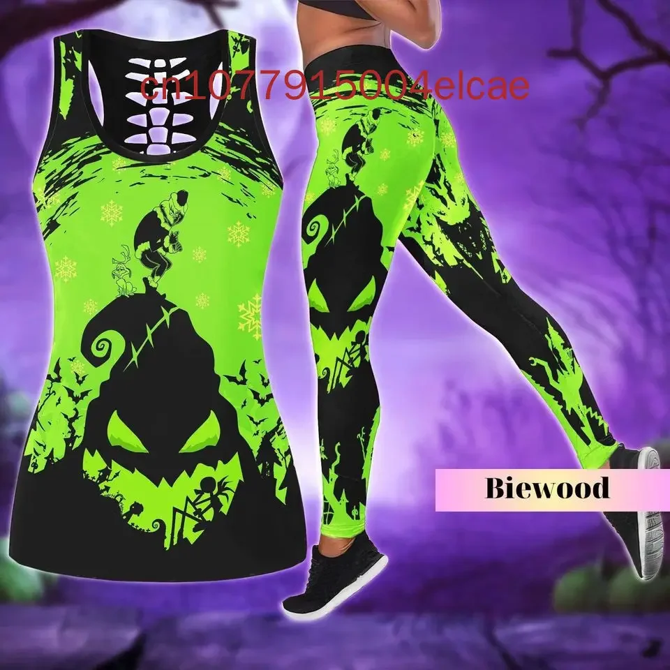 New Oogie Boogie Women's Hollow Vest + Women's Leggings Yoga Suit Fitness Leggings Sports Suit Disney Tank Top Legging Set