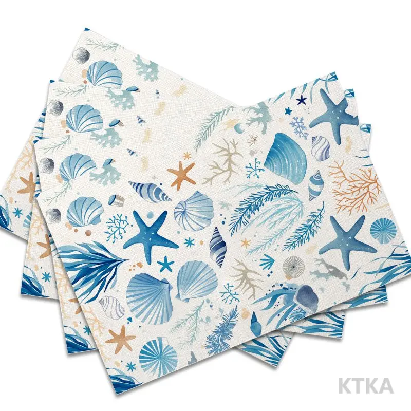 4Pcs, Blue Ocean Shell Placemats, the Best Placemats, Washable, Suitable for Holiday Parties, Home Decor, Kitchen Countertops, Rectangular Dining Rooms, Making Your Dining Room and Kitchen More Beautiful, a Birthday Gift and Housewarming Party Gift for Family and Friends