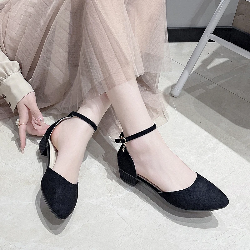 Summer Women Dress Pointed Toe Sandals Female Metal Buckle Strap Designer Sandles Lady Banquet Suede Lightweight Barefoot Shoes