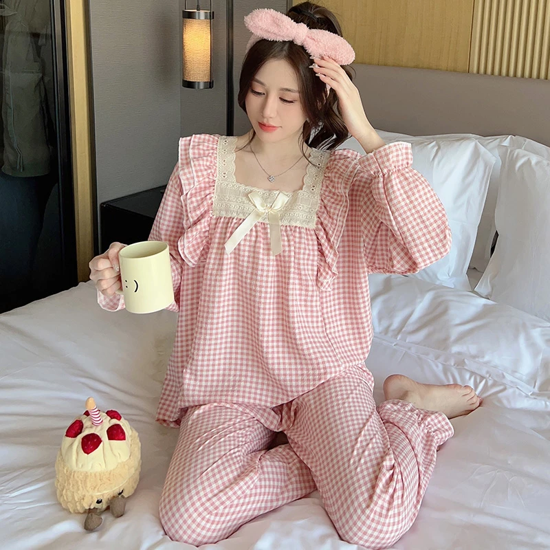 Plus Size Pajama Mujer Cherry Print Sleepwear Set Long Sleeve Top+Pants Ruffle Homewear Skin-Friendly Breathable