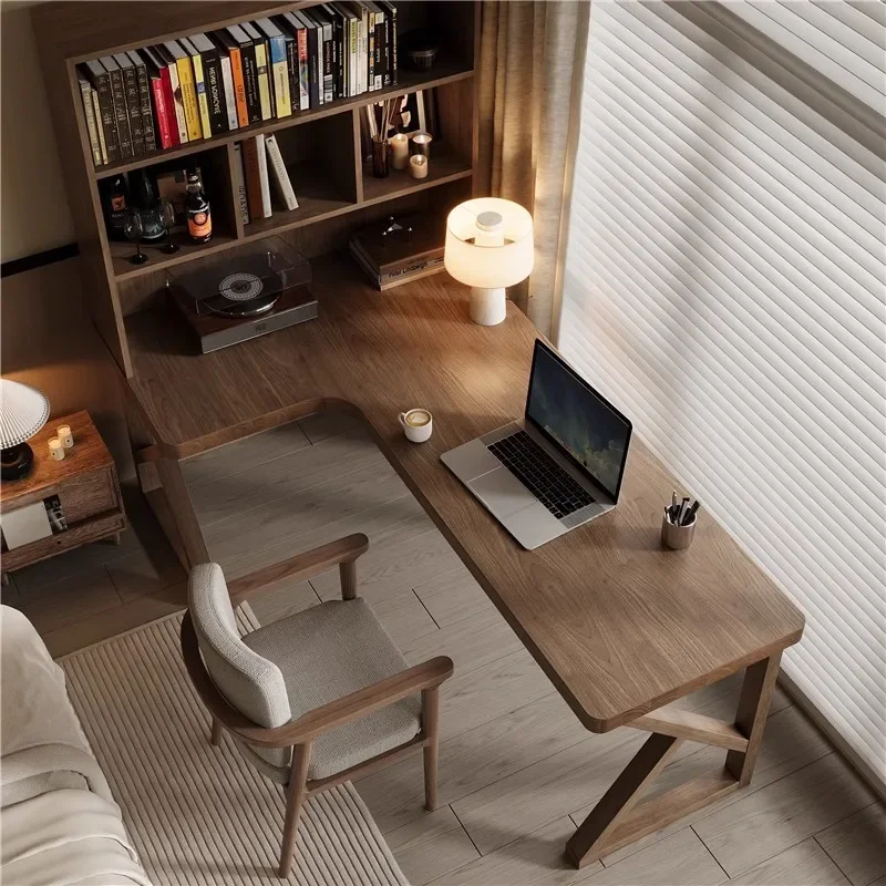 All solid wood corner desk bookshelf integrated table household corner L-shaped study table