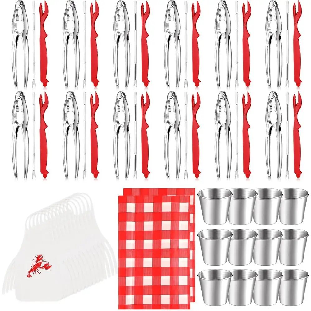 Juego de 62 utensilios para mariscos con rompe nueces, herramientas para cangrejo, peladores de langosta, tazas para salsa y baberos