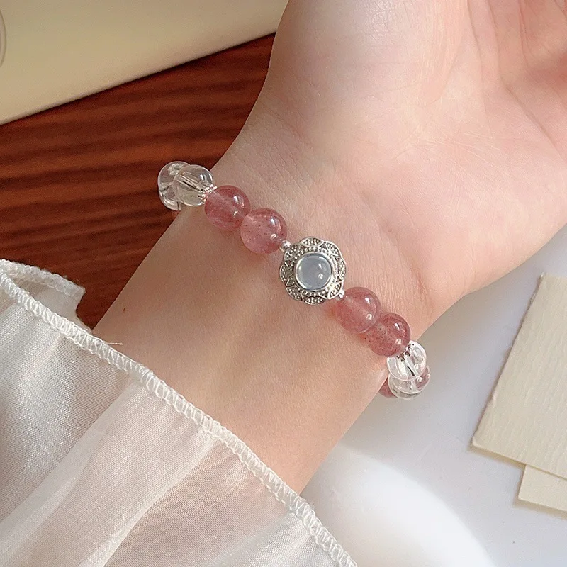 

8 мм натуральный браслет с кристаллами клубники для женщин, нишевый дизайн, высококачественный цветочный браслет, простой универсальный ювелирный подарок