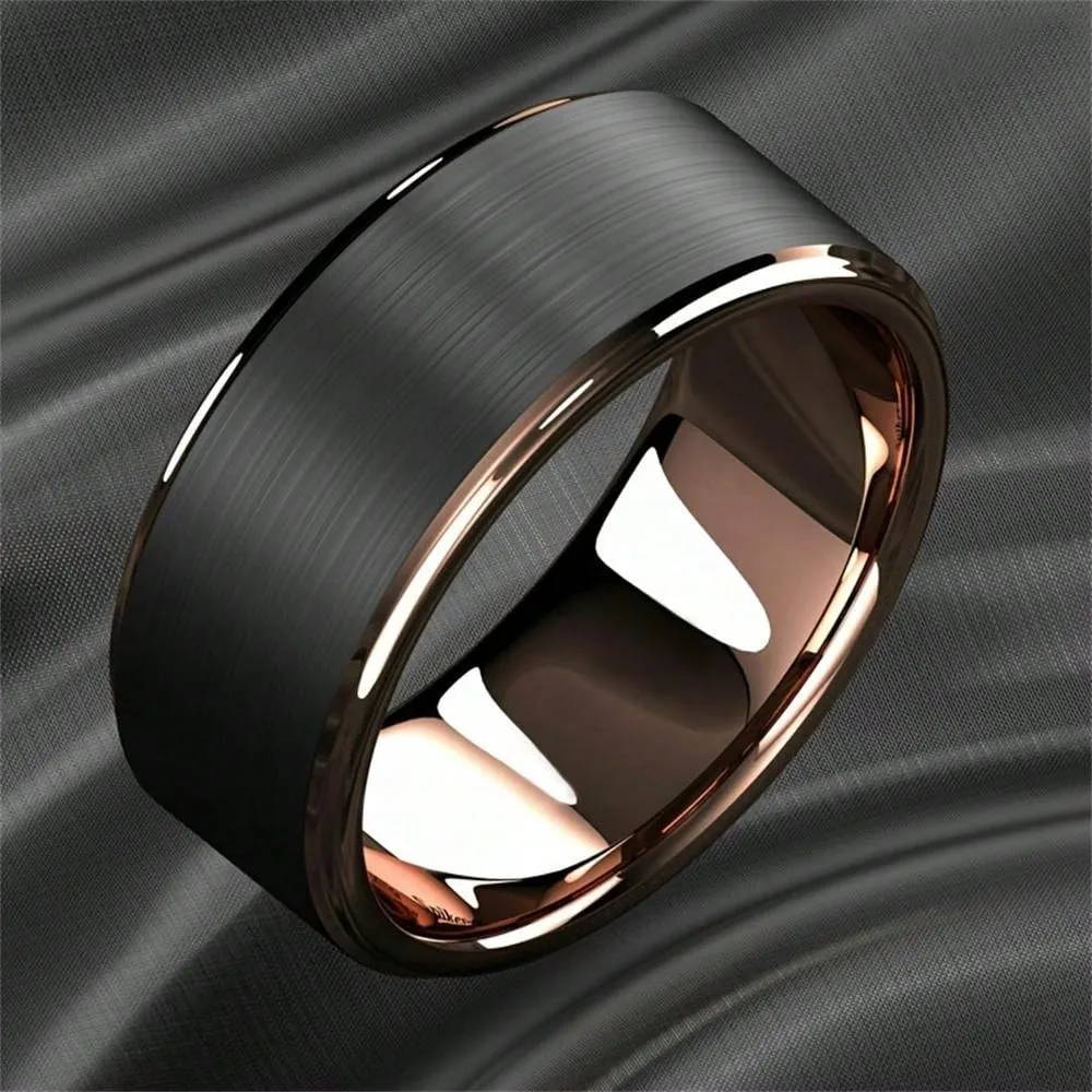 Fashion 8mm Black Brushed Stainless Steel Rings for Men Rose Gold Color Step Edge Men Promise Rings Wedding Party Jewelry Gifts