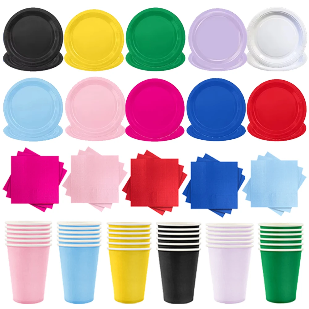 Paquete de 1/3/5 Platos, Vasos y Servilletas de Papel de Color Sólido de 7'' y 9'', Rosa, Azul, Negro, para Fiestas de Cumpleaños, Bodas, Baby Shower