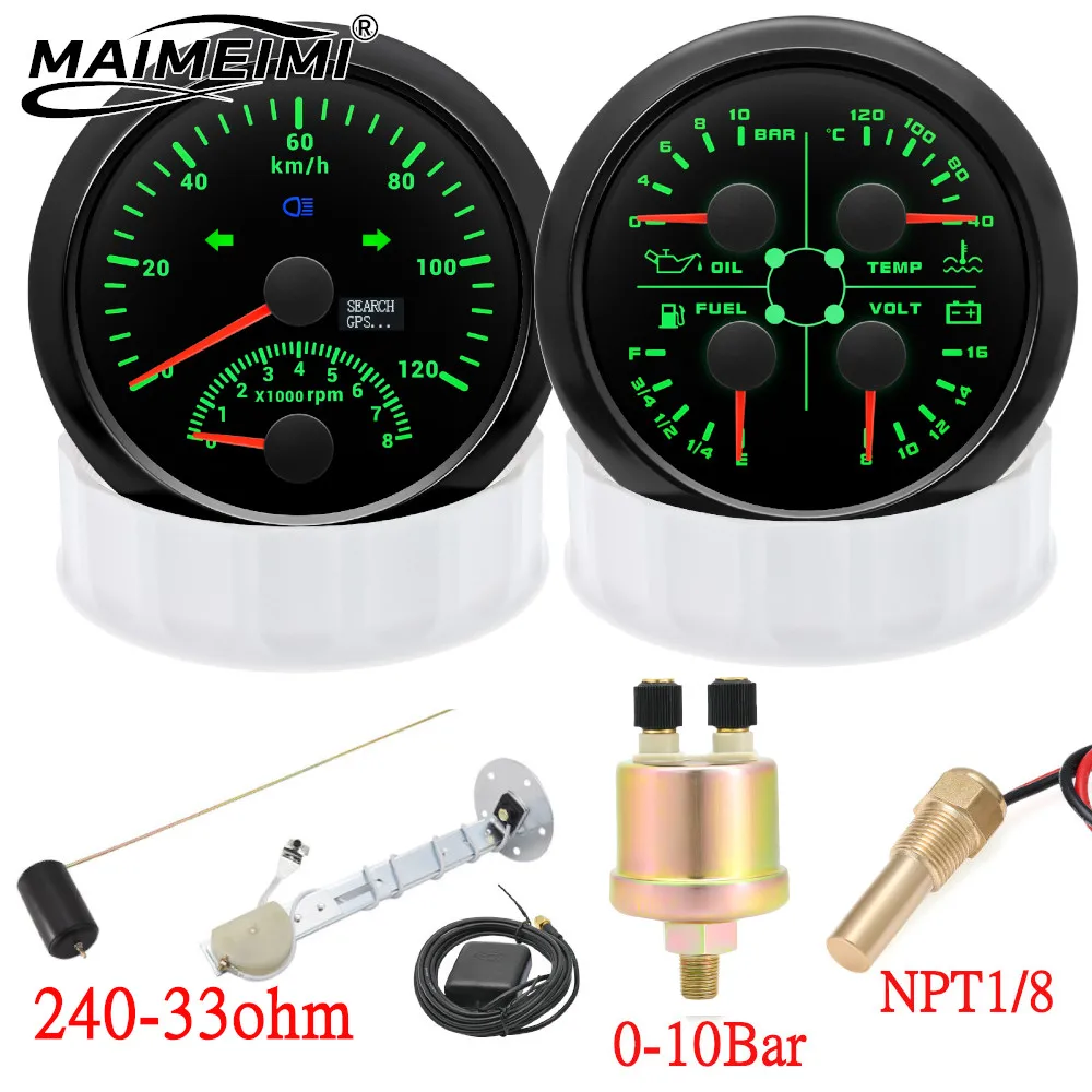85mm 2 Gauge Set Boat GPS Speedometer with Tachometer&4 in 1 Gauge 240-33ohm Fuel Water Temp Pressure With Sensor 7 Colors LED