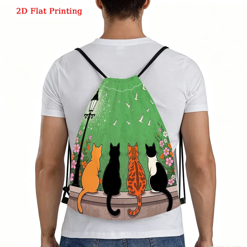 Four Cats Sitting On Wall Drawstring Backpack, Travel Shoe Bag, Fitness Sports Backpack, Travel Outdoor Drawstring Bag