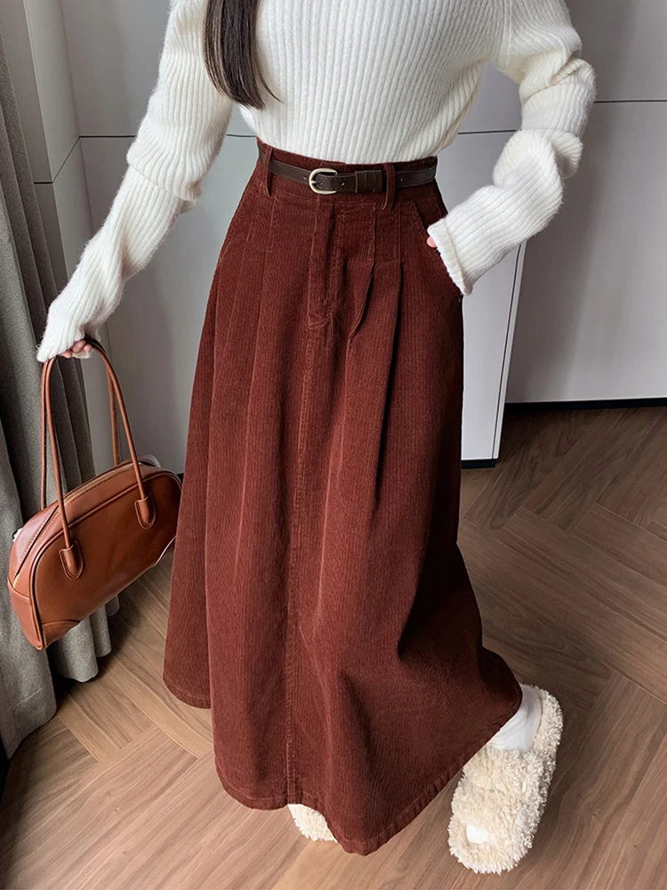 Elegant Winter Corduroy Maxi Long Skirt Women Fashion Korean Big Swing Umbrella A-line Skirts Loose Elastic Waist Falda Plisada