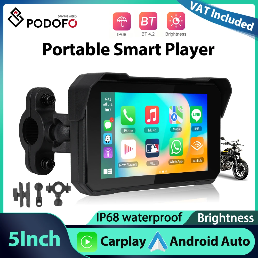 Podofo 5'' IPS Ekran Samochodowy/Motocyklowy z CarPlay i Android Auto, Monitorowanie Ciśnienia w Oponach, Wodoodporność IP68, Bluetooth, Regulacja Jasności