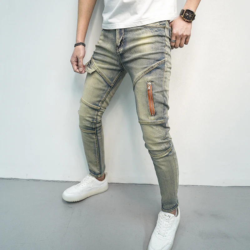 Retro Biker Jeans Herren dünne Füße dehnen schöne Nähte Reiß verschluss Design Straße lässig nostalgische Hose