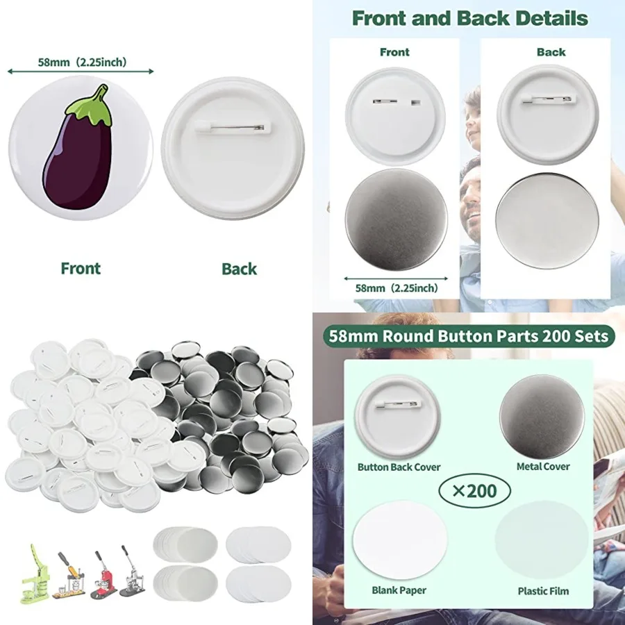 

200 комплектов 58-мм/2,25-дюймовых заготовок для кнопок, детали для кнопочных машин, круглые заготовки для значков 58 мм, включая пластиковые основы.