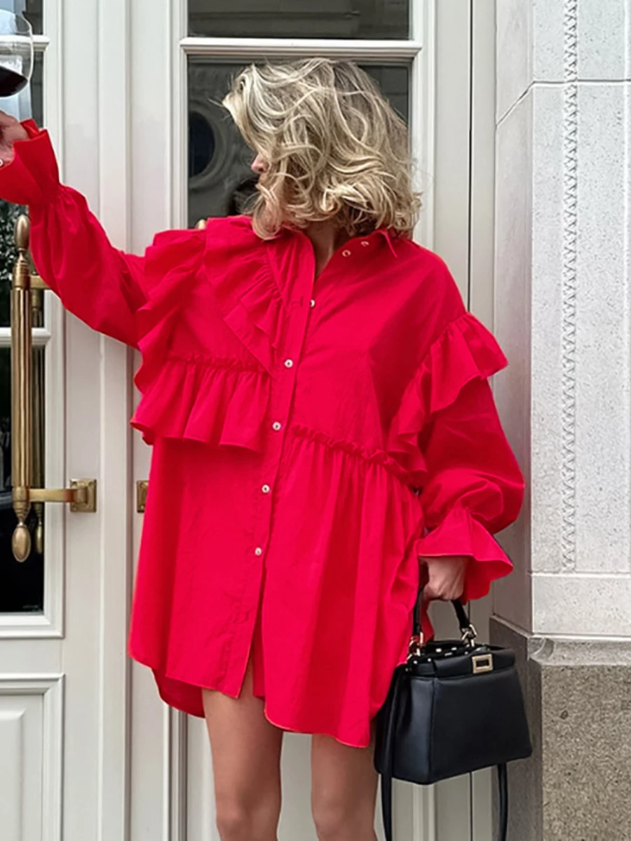 Bornladies 100% Cotton Women Red Shirt Skirt Leisure Fashionable Loose Fitting Long Sleeved Dress Lotus Leaf Sleeve Long Shirts