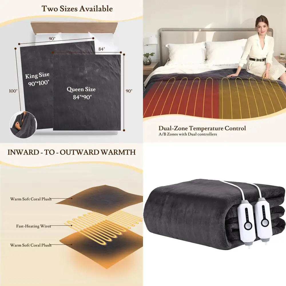 

Электрическое одеяло размера Queen (84x90 см) с 4 уровнями нагрева, двойным управлением, таймером на 10 часов, защитой от перегрева, из мягкого кораллового флиса, темно-серое