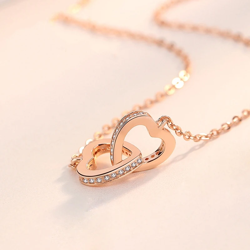 925 Sterling Silber Doppelherz Zirkon Anhänger Halsketten Damen Luxus Qualitätsschmuck Roségold Strass Tropfen Schlüsselbein-Ketten – Detail 6