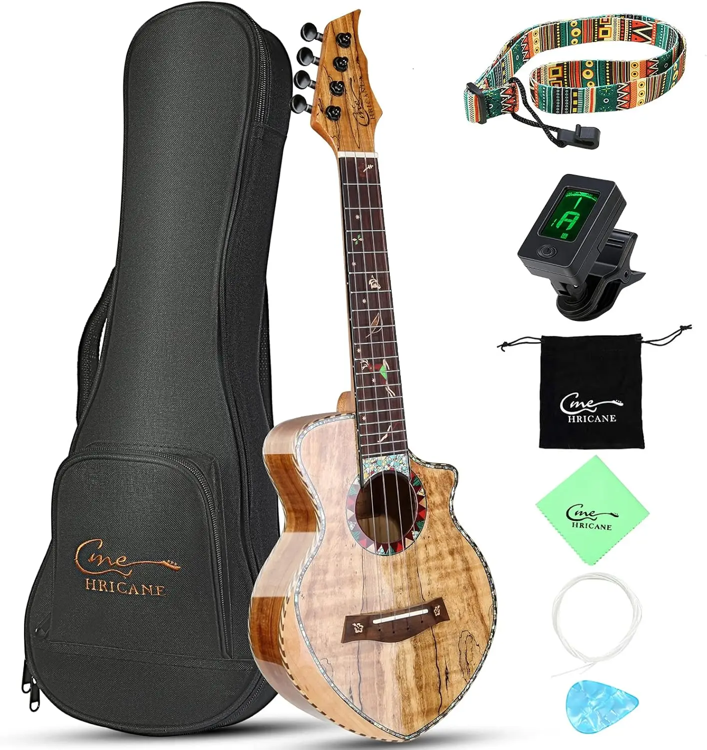 23-Inch Concert Ukulele for Beginners, 4-String Sapele Hawaiian Ukulele with Carrying Case and Extra String Set, Spalted Maple Glossy Finish