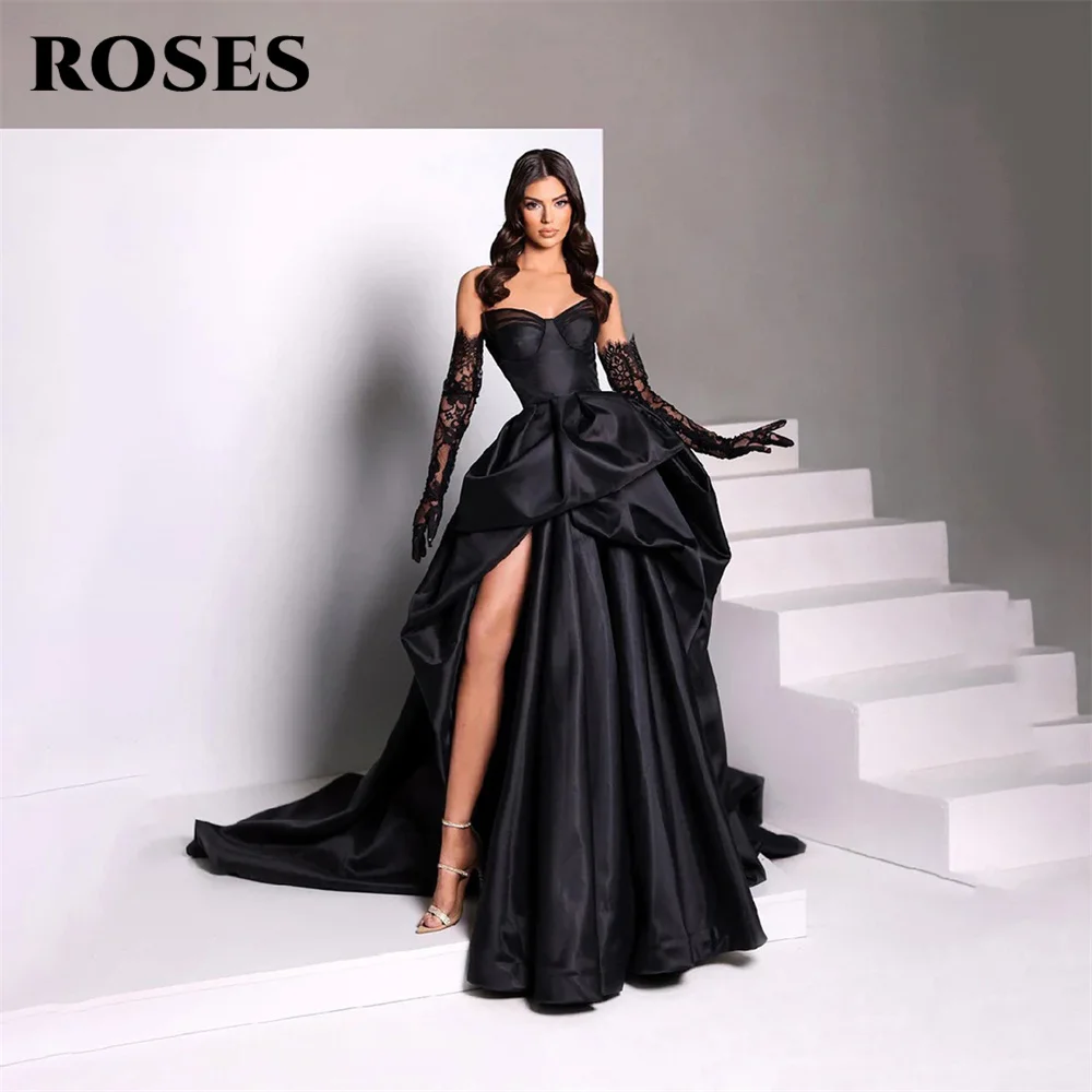 ROSES A Line Black Prom Dresses Sweetheart Stain Party Dresses Pleat Side Split robes du soir Sleeveless Wedding Darty Dresses