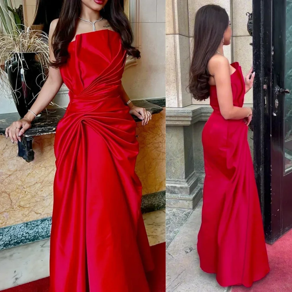 

Customized Prom Dress Saudi Arabia Exquisite Strapless Sheath Floor Length Evening es Draped Shirred Satin