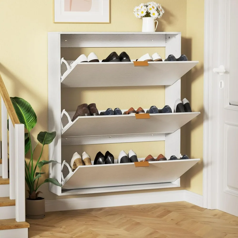 

Entrance shoe cabinet storage cabinet, ultra-thin, narrow shoe cabinet with 3 flip drawers, wooden concealed, white