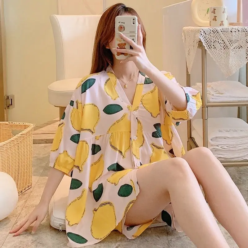 Loose Cotton Silk Pajamas Women\'s Set Summer New Short Sleeved V_neck Sweet Shirt+Wide Leg Shorts Home Two-piece Set for Women