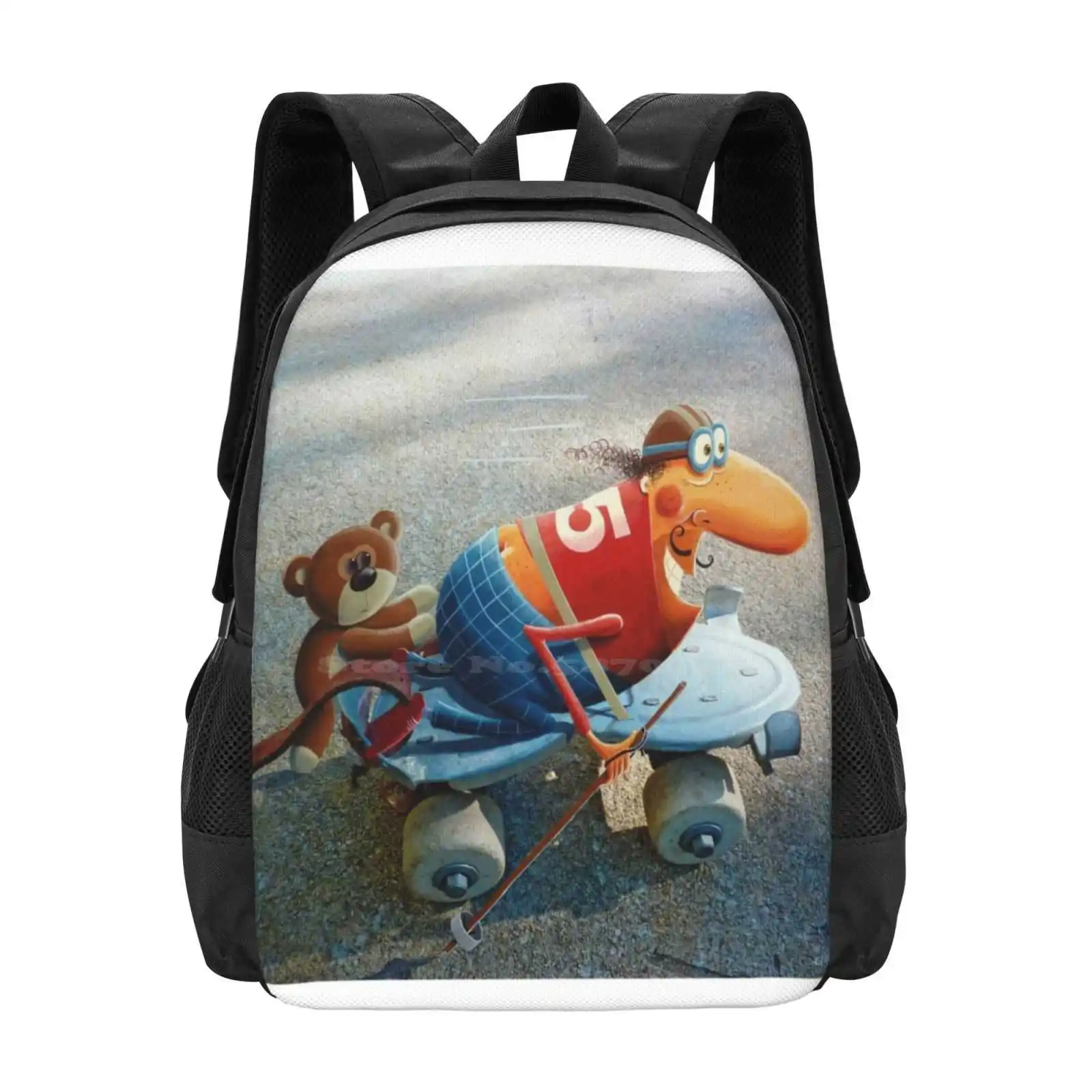 1975 Skate 3D Print Design Backpack Student Bag Roller Skates Race Fun Quirky Humour Cartoon Comic Laugh Colourful Teddy Bear