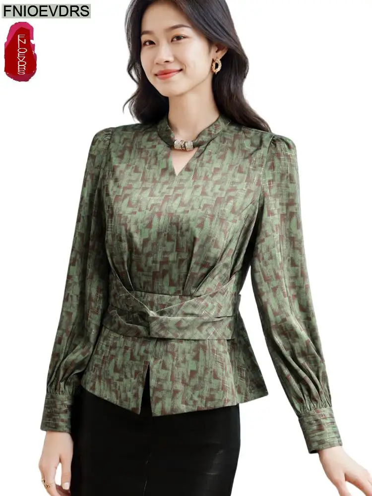 

Retro Vintage Green Flower Print Tops 2025 Spring New Design Women Long Sleeve Button Hollow Out Peplum Top Basic Shirts Blouses