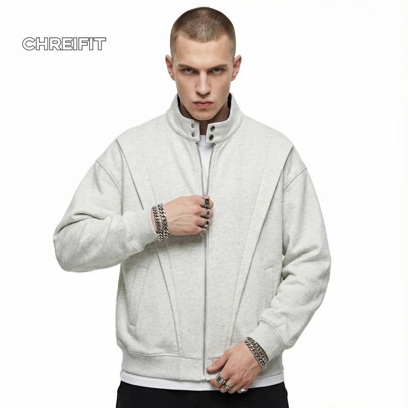 

CHREIFIT Мужская куртка-бомбер на молнии, новинка 2026, модная повседневная верхняя одежда с воротником-стойкой, мужская осенне-зимняя теплая толстовка, пальто серого цвета