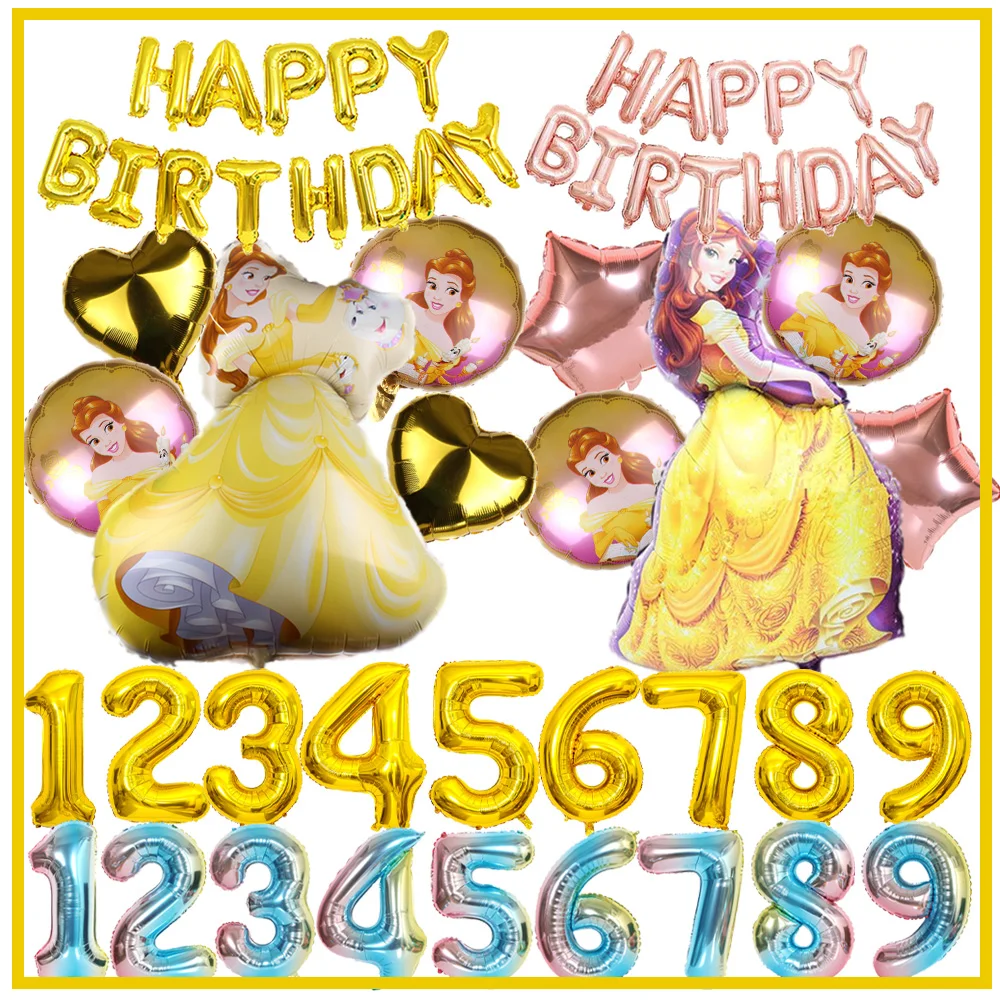 

Disney Belle Balloons Princess Birthday Party Decorations Supplies Child Gifts Yellow Pink Foil Balloon Set Girl Favourite Toys