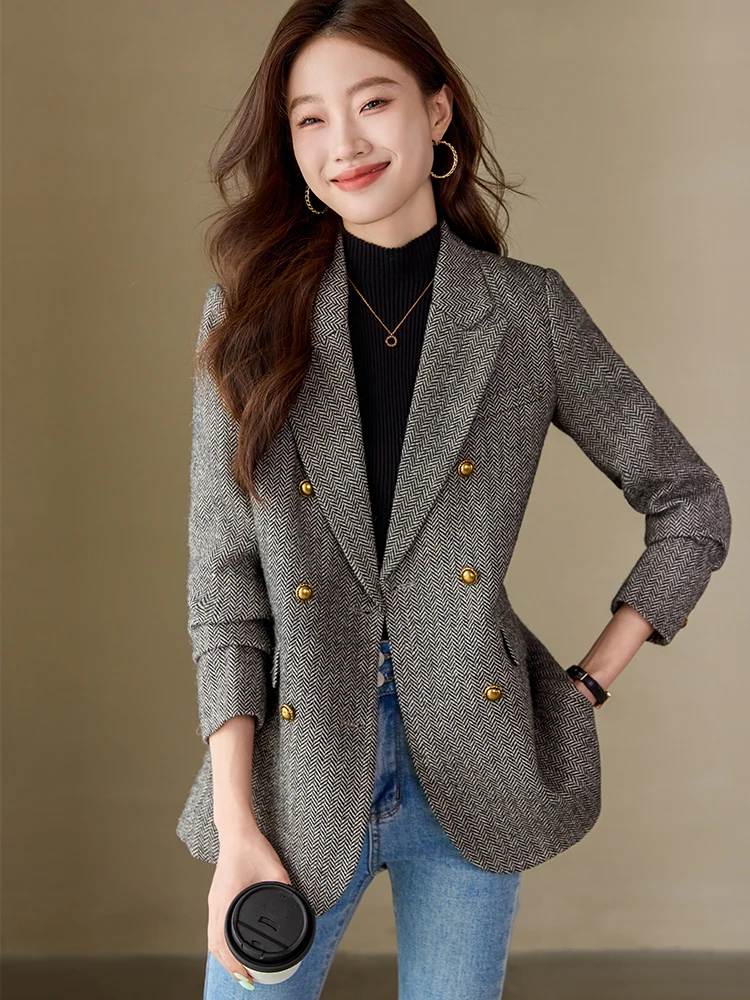 Fashion Autumn Winter Coffee Gray Women Casual Blazer Ladies Double Breasted Female Jacket