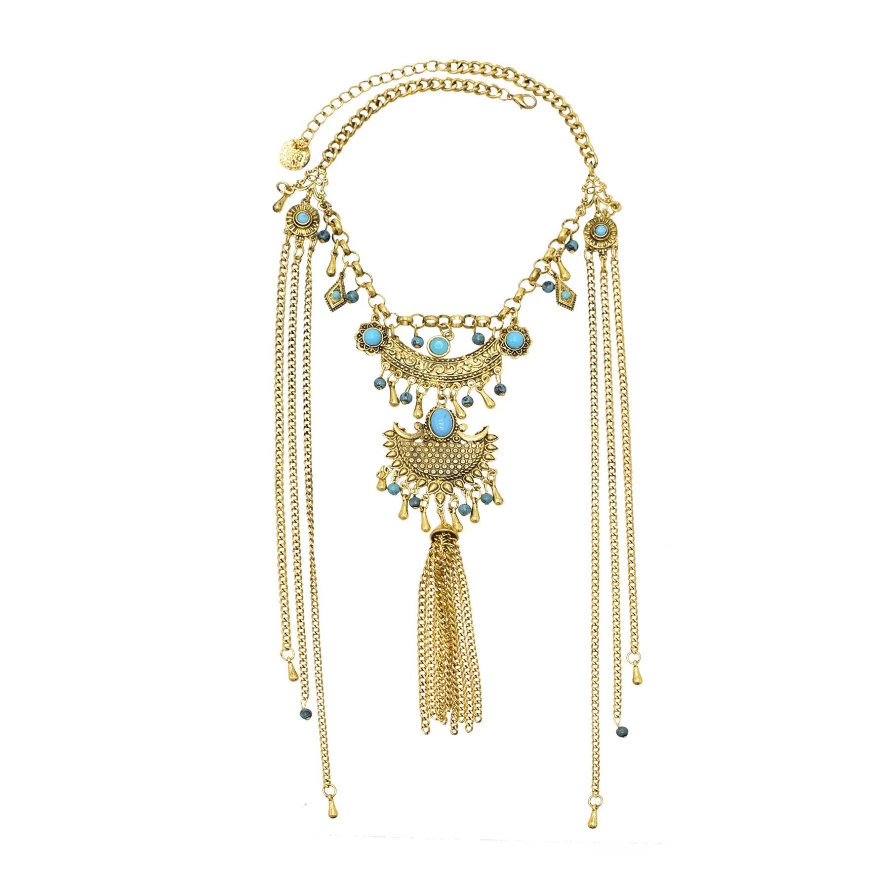 Vintage goldene silbrige Statement-Halskette für Frauen, bunte Strasssteine, lange Ketten, Halsketten, Gypsy, Boho, ethnischer Halsschmuck – Detail 33
