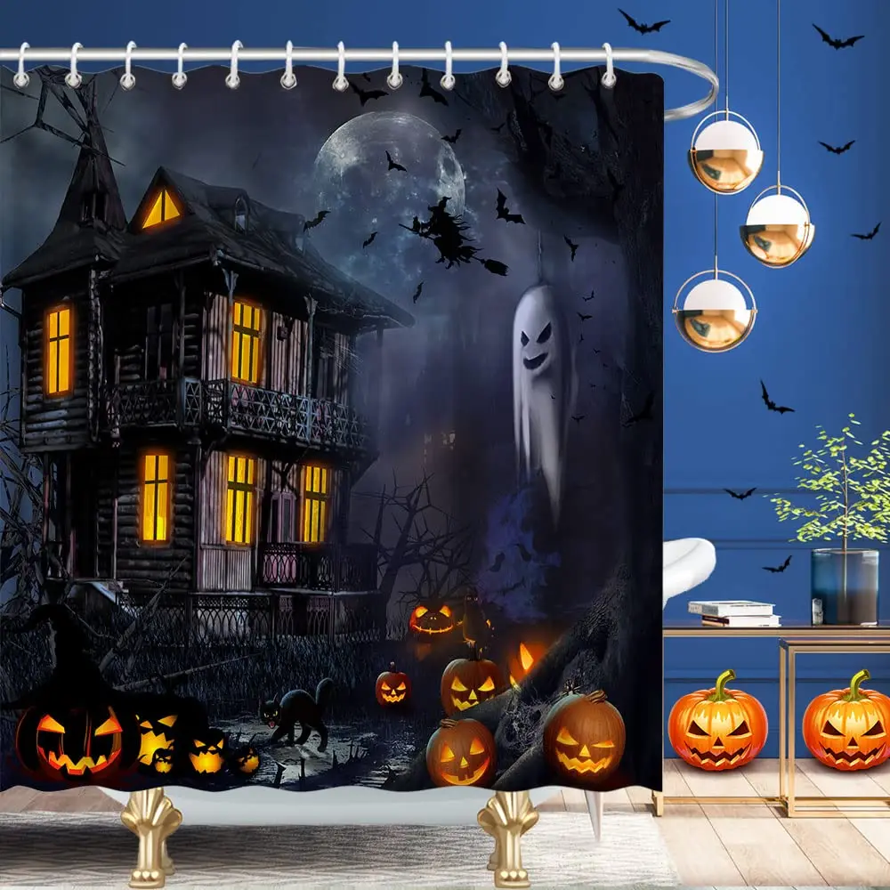 Halloween Shower Curtains Castle Dark Purple Night Decorations of Moon Pumpkin Fabric Decorations for Bathroom Bathtub Screen