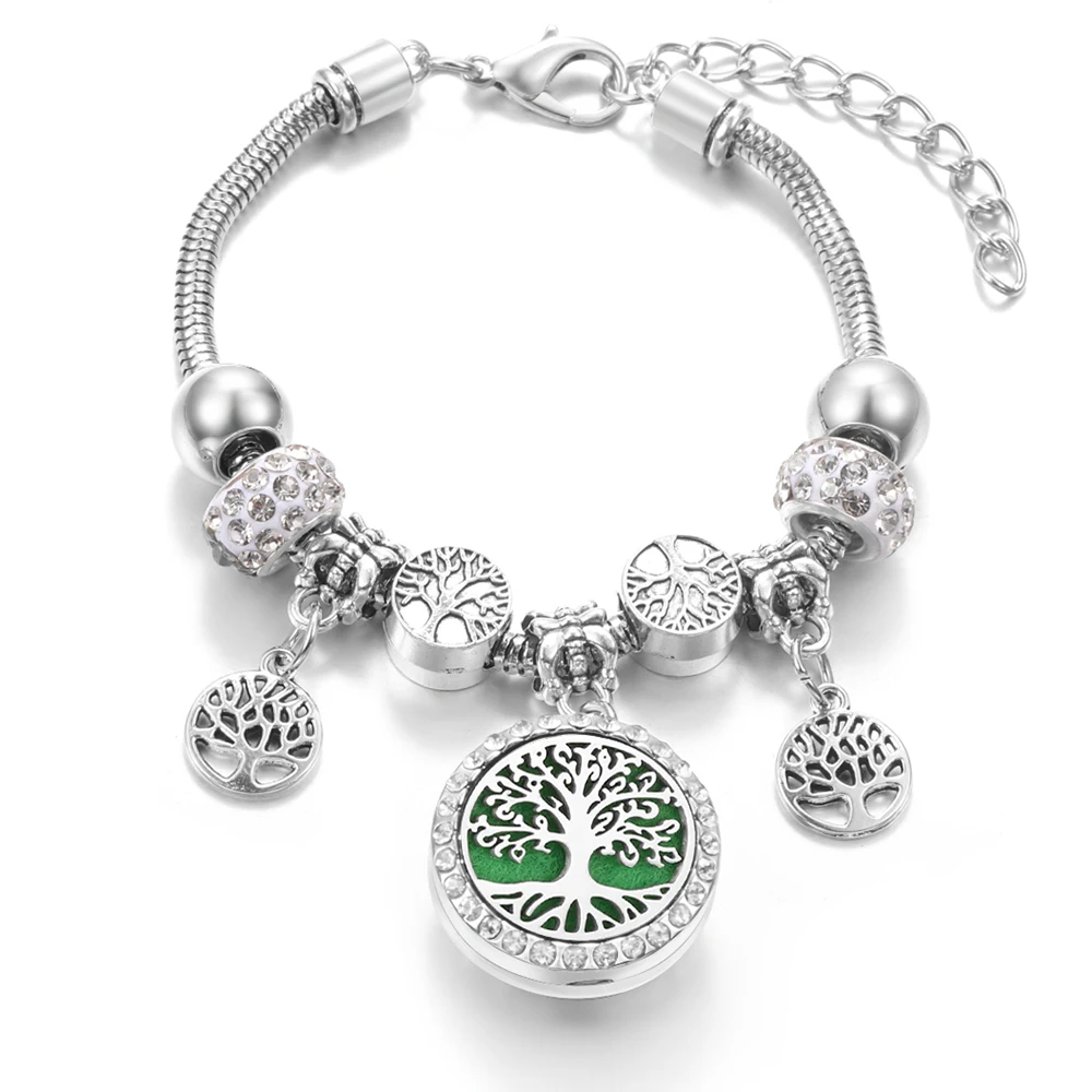 Trendy Lobster Buckle Snake Chain Beaded Bangles Tree of Life Aroma Essential Oil Diffuser Women Bracelet Perfume Locket Jewelry