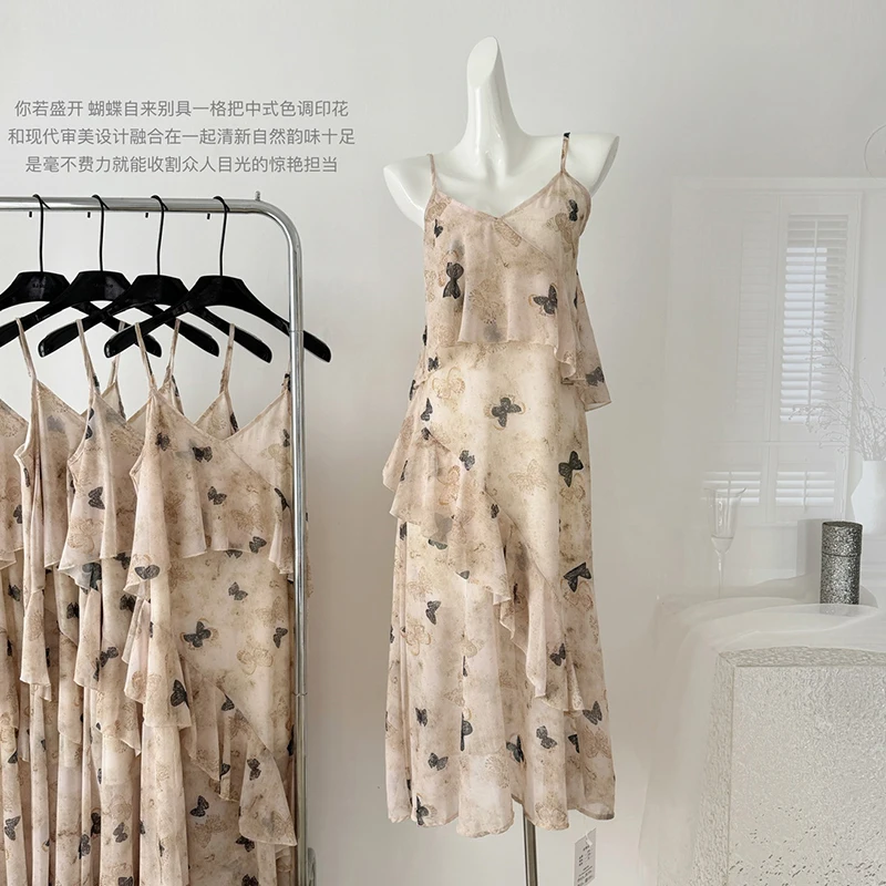 

Женское приталенное платье с V-образным вырезом, длинное платье с оборками и принтом бабочек в винтажном стиле на лето
