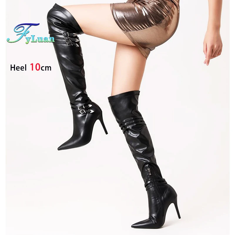 

Высокие сапоги до бедра из эластичной кожи, женские черные сапоги выше колена на тонком каблуке 10 см, экзотические пикантные танцевальные туфли для ночного клуба