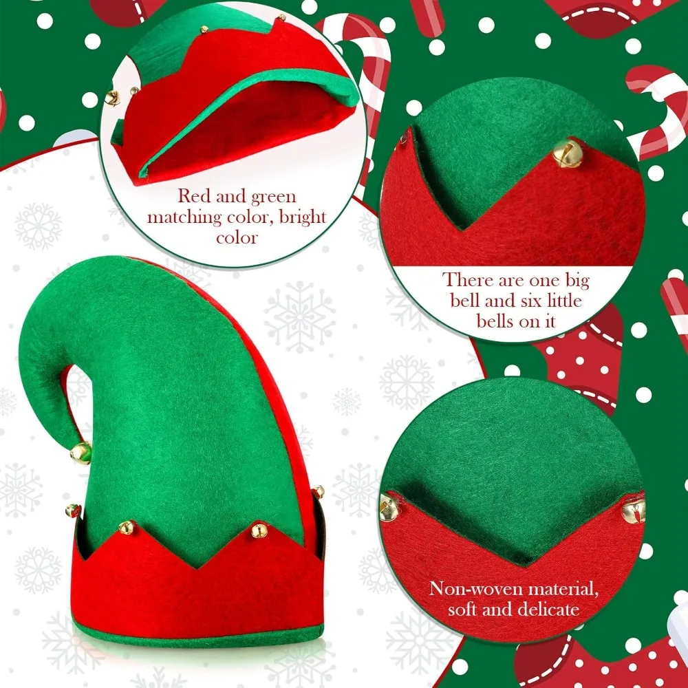 50 piezas sombrero de elfo de Navidad sombrero de elfo de fieltro a granel con campanas disfraz de elfo rojo y verde sombreros de Navidad unisex