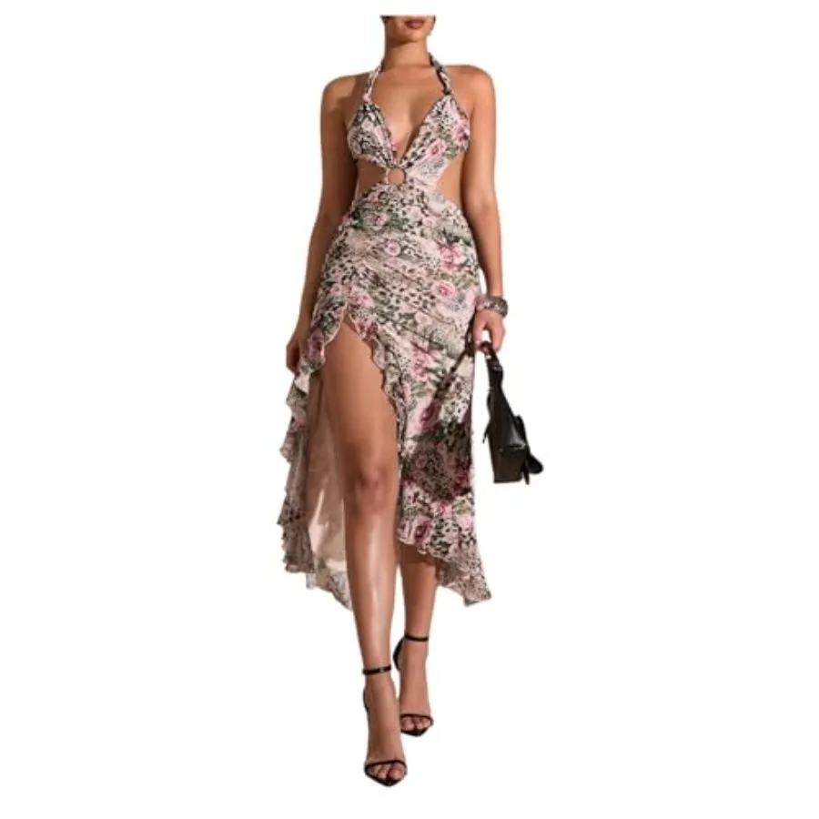 

WDIRARA Women's Halter Cut Out Dress Floral Cheetah Print Asymmetrical Hem Sexy High Slit Mesh Ruffle Dresses