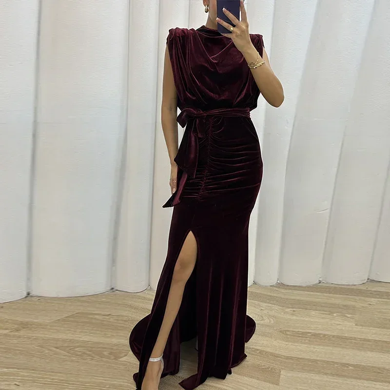 Spring O-neck Solid Soft Velvet Mermaid Dress Women Sexy Lace-up Bow High Slit Long Dress Summer Sleeveless Hollow Party Dresses