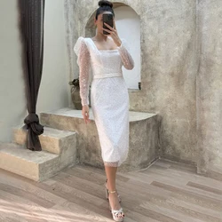 Shiny Sequin Short Evening Dress Square Collar Puff Long Sleeves with Belt Tea-Length Straight Back Slit Women Party Gowns