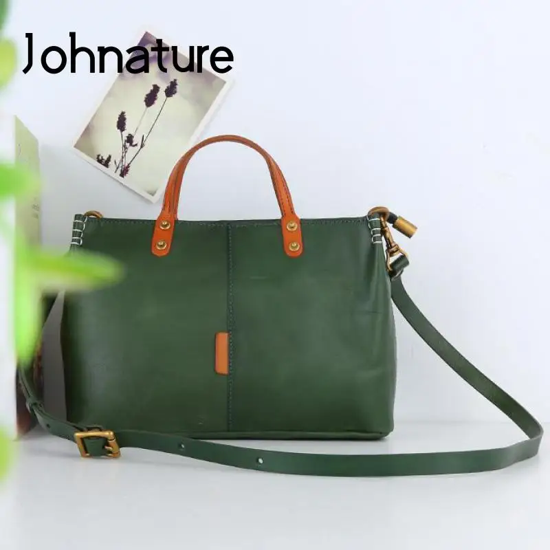 Johnature Vintage Genuine Leather Women Bag Simple Versatile Handbag Natural Cowhide Large Capacity Shoulder & Crossbody Bags